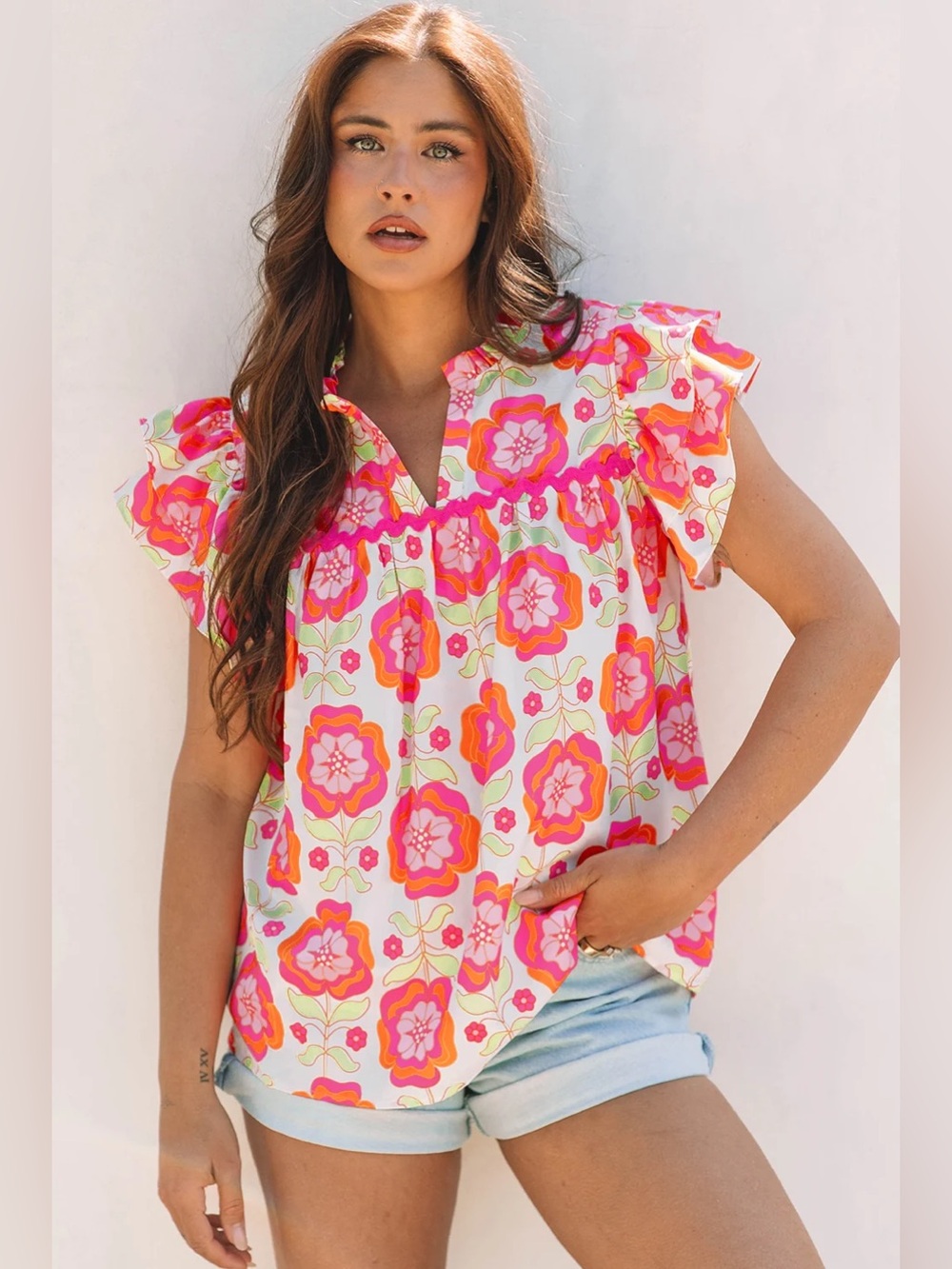 Floral ruffle tiered sleeve blouse top short ric-rac block print splice neck